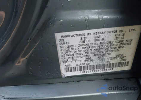 2004 Nissan Altima 3.5 Se из США, поврежденный, VIN 1N4BL11D74C181762